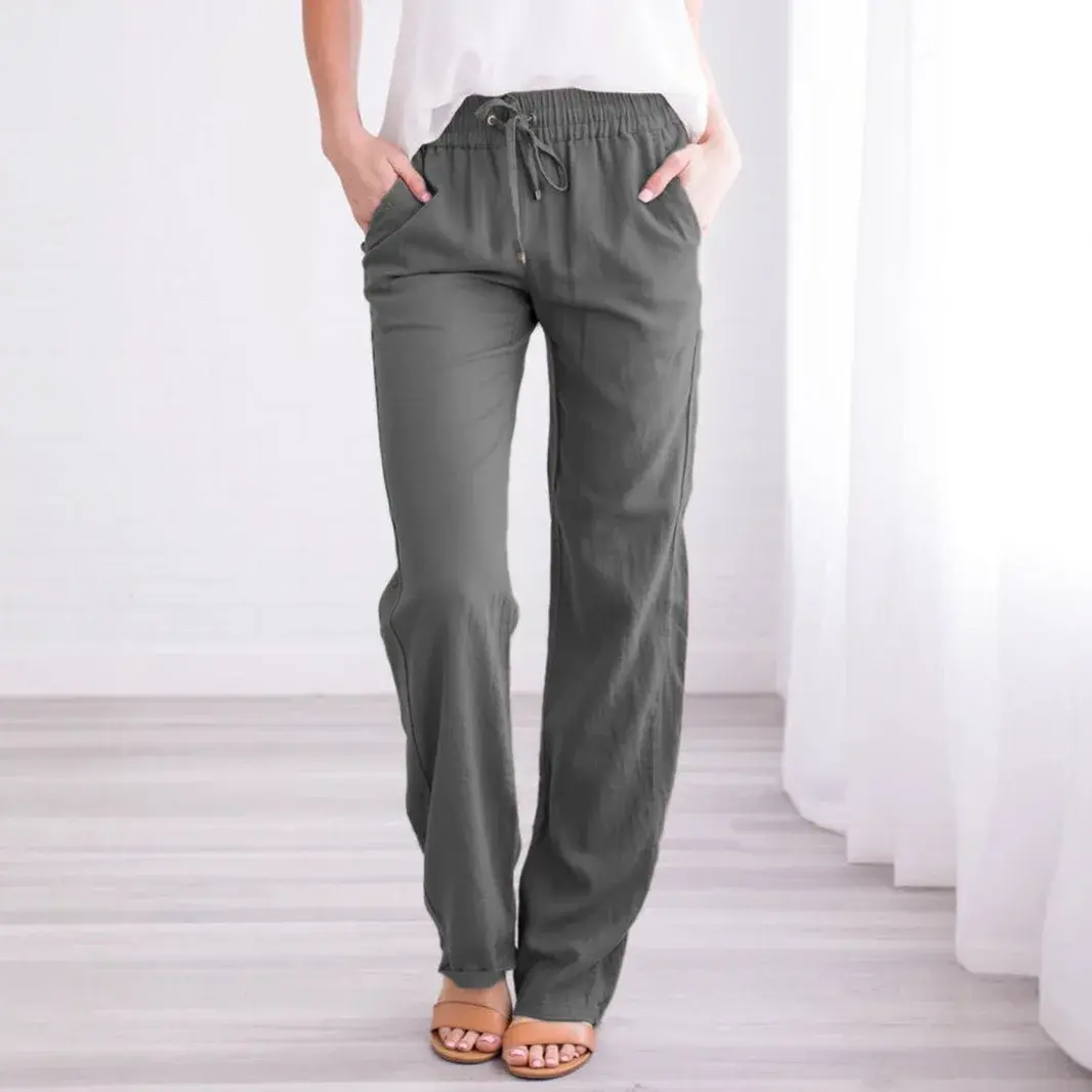 Spring Summer Women's Loose Wide Leg Cotton Linen Drawstring Casual Trousers Monochromatic Independent Station E-commerce