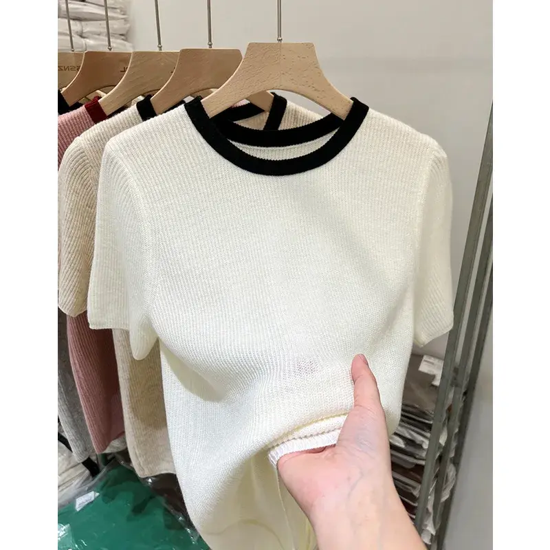 Elegant Short Sleeve Knitted Top Women's Summer Fashion Slim Fit Base Shirt Color Block French Style Casual Crew Neck T-Shirt