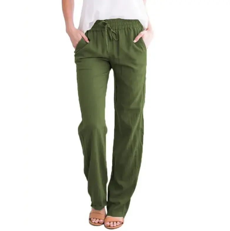 Spring Summer Women's Loose Wide Leg Cotton Linen Drawstring Casual Trousers Monochromatic Independent Station E-commerce