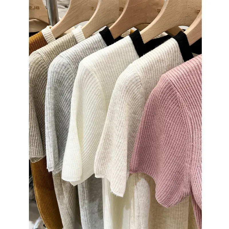 Elegant Short Sleeve Knitted Top Women's Summer Fashion Slim Fit Base Shirt Color Block French Style Casual Crew Neck T-Shirt