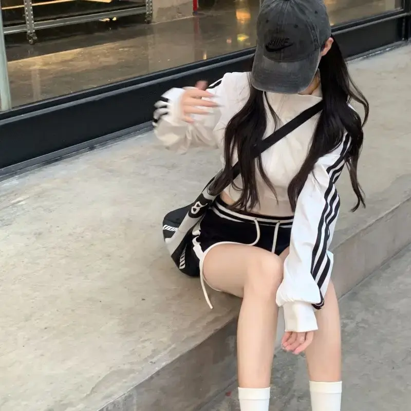 Zipper Stand Collar Stripe Color Block Short Cardigan Women's Fashion College Style Trendy Jacket Casual Outerwear