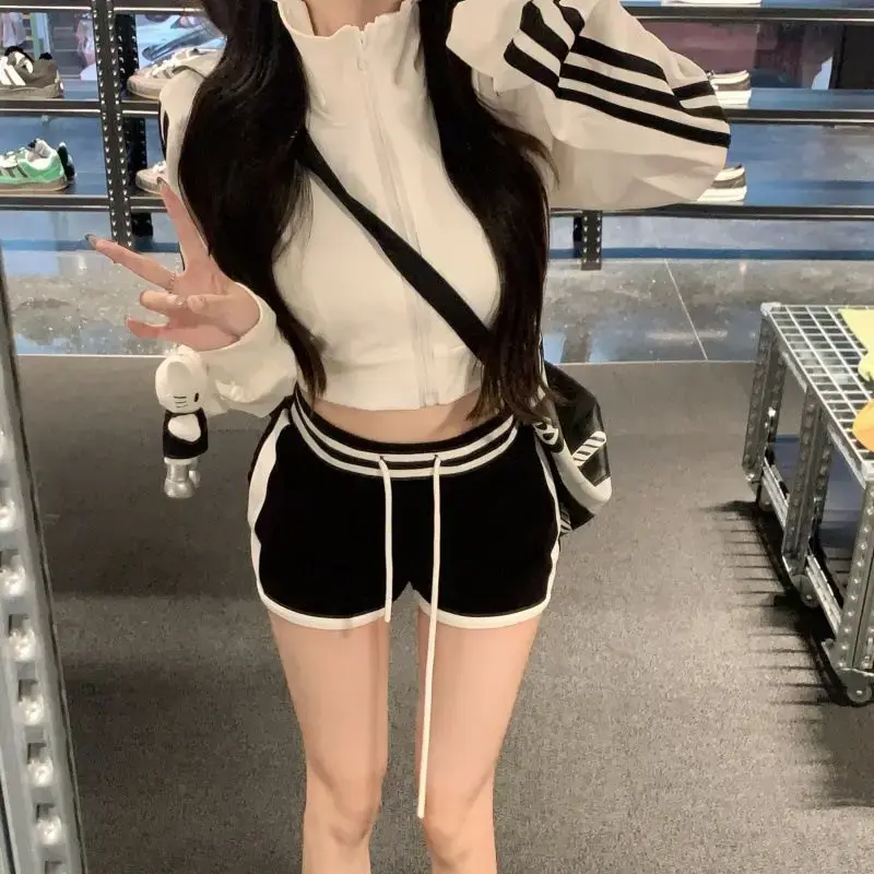 Zipper Stand Collar Stripe Color Block Short Cardigan Women's Fashion College Style Trendy Jacket Casual Outerwear