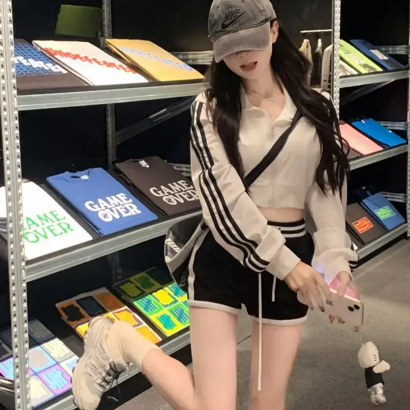 Zipper Stand Collar Stripe Color Block Short Cardigan Women's Fashion College Style Trendy Jacket Casual Outerwear