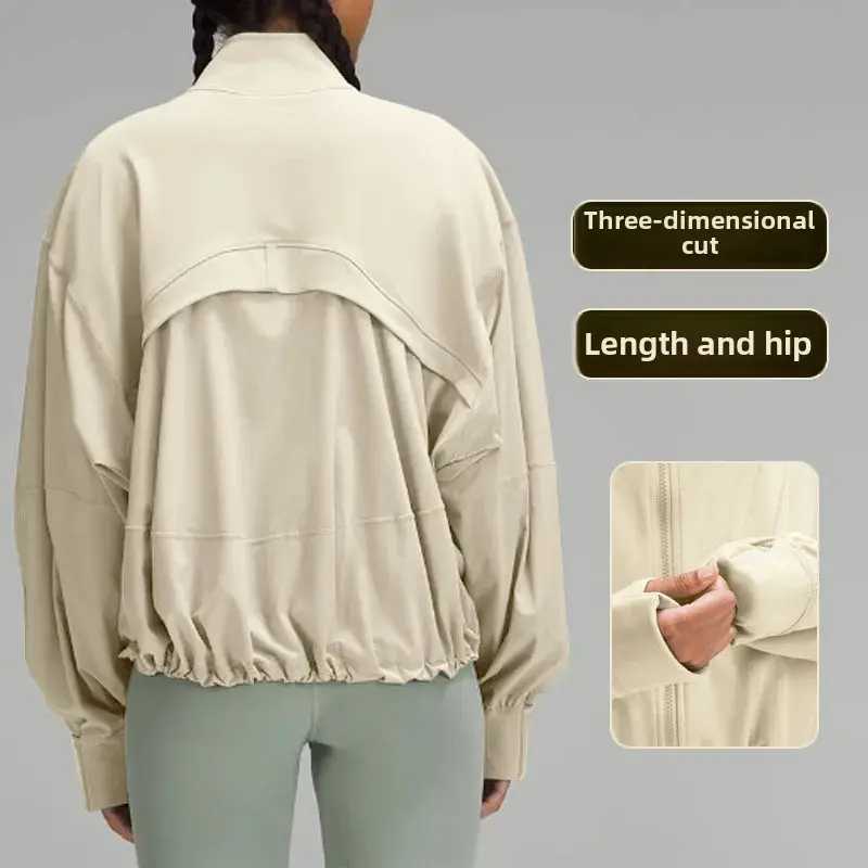 Loose-Fit Fashionable Stand Collar Batwing Sleeve Top For Women Outdoor Yoga Running Windproof Jacket Sport Jacket Autumn