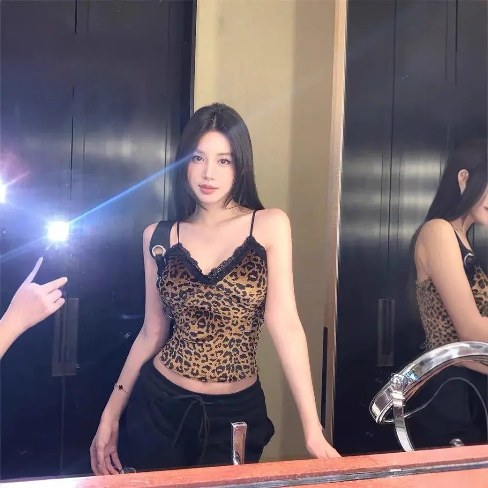 Vintage Leopard Slipslacetankvest Women's Spring Summer New Style Chest Pad Inner Sleeveless Outer Wear Beautiful Back Top