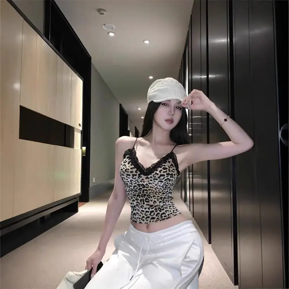 Vintage Leopard Slipslacetankvest Women's Spring Summer New Style Chest Pad Inner Sleeveless Outer Wear Beautiful Back Top