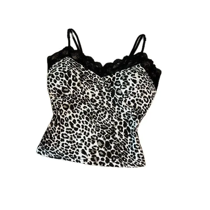 Vintage Leopard Slipslacetankvest Women's Spring Summer New Style Chest Pad Inner Sleeveless Outer Wear Beautiful Back Top