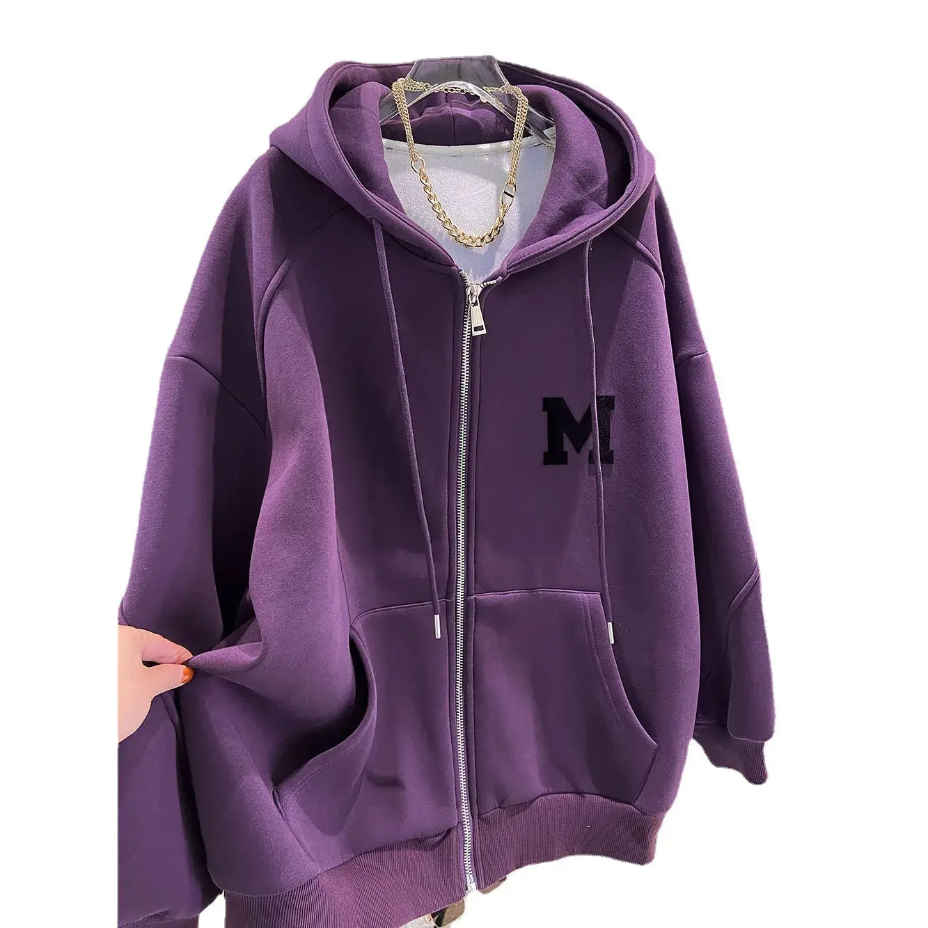 Plus Size Thickened Embroidered Hoodie Women's Autumn Winter Loose Fleece Outerwear Trendy Open Cardigan Sweater