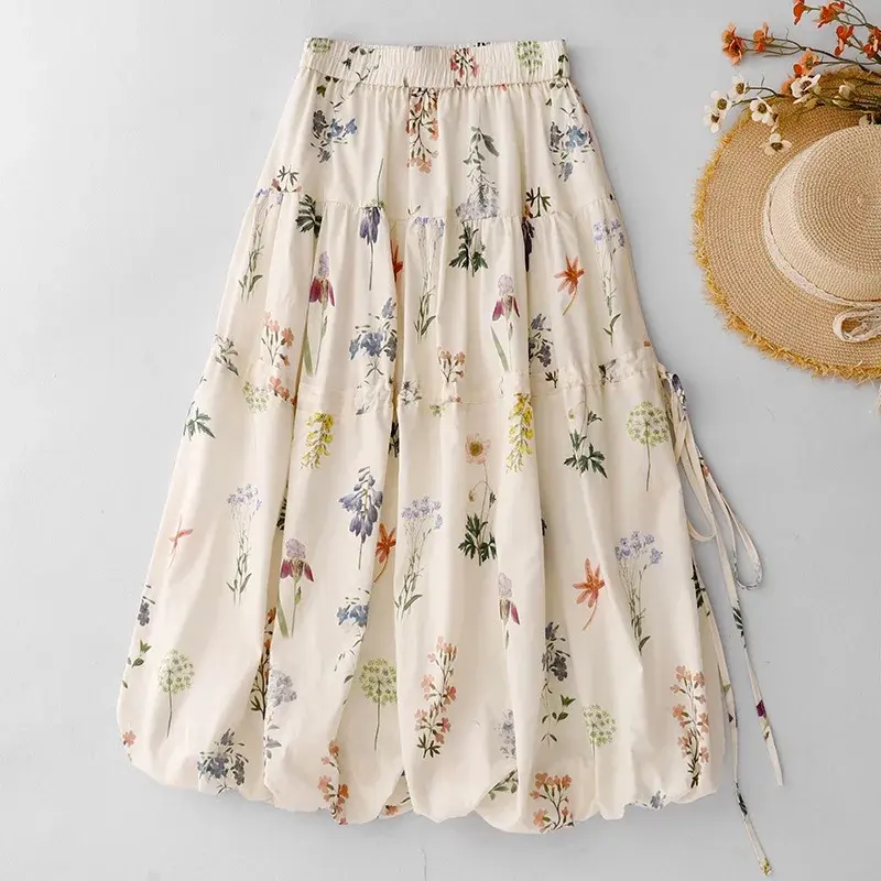Summer New Cotton Lin Large Size Design Sensation Artistic Printed Women's Skirt Atmosphere Skirt Half-length Cotton Lin Fabric