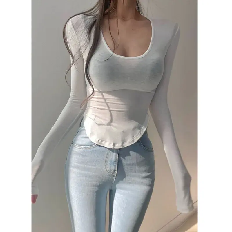 Korean Spring Summer Slim Fit Comfortable Sexy U-Neck Thin Arc Bottom Hem See through Long Sleeve Base Shirt Women T-Shirt