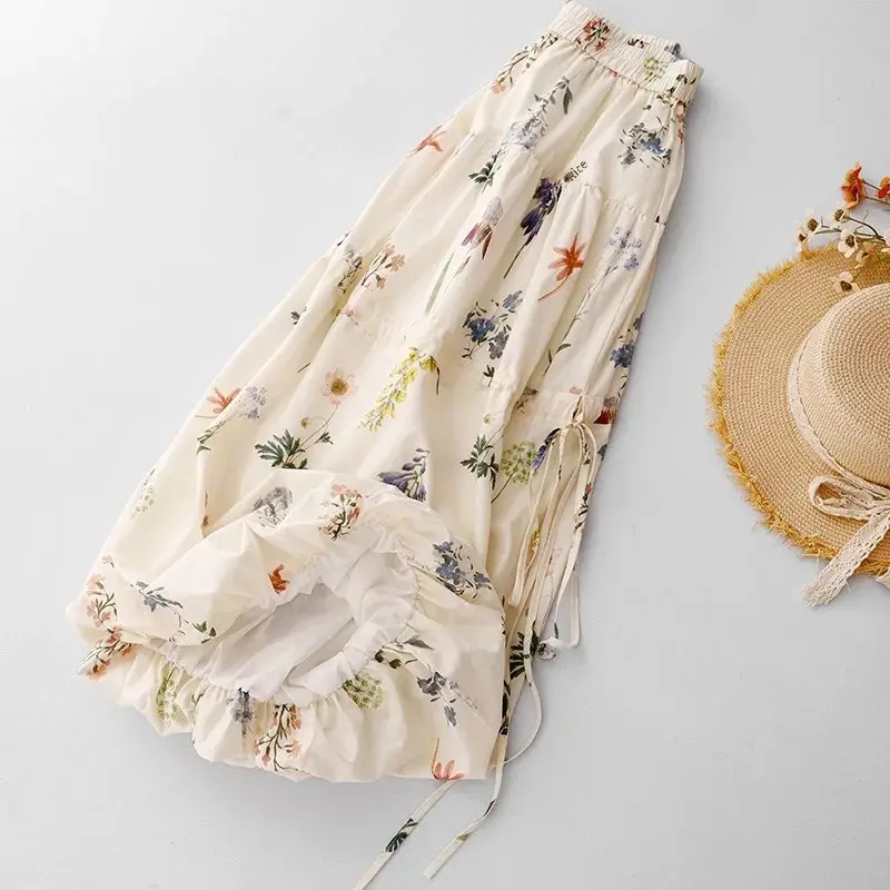 Summer New Cotton Lin Large Size Design Sensation Artistic Printed Women's Skirt Atmosphere Skirt Half-length Cotton Lin Fabric