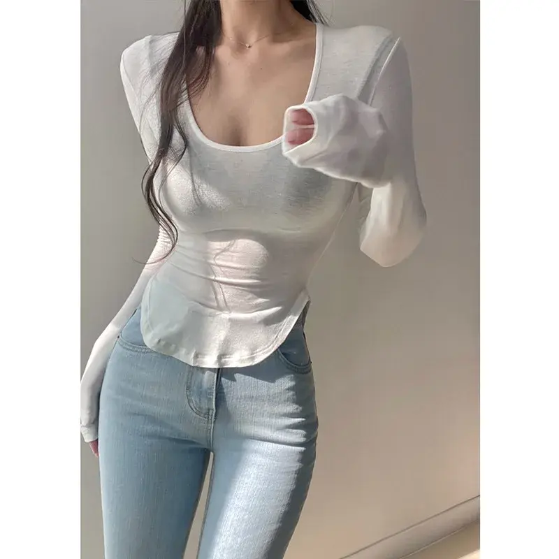 Korean Spring Summer Slim Fit Comfortable Sexy U-Neck Thin Arc Bottom Hem See through Long Sleeve Base Shirt Women T-Shirt