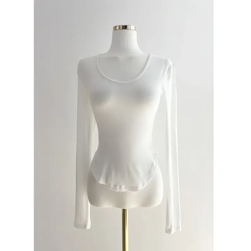 Korean Spring Summer Slim Fit Comfortable Sexy U-Neck Thin Arc Bottom Hem See through Long Sleeve Base Shirt Women T-Shirt