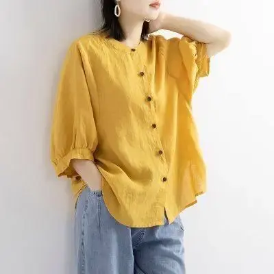 New Hot Sale Of The Season Women's Cotton Linen Shirt Lantern Sleeve Vintage Artistic Loose Mid-Sleeve Women's Bubble Sleeve Cre