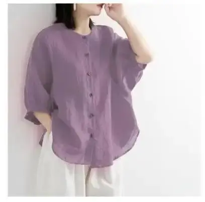 New Hot Sale Of The Season Women's Cotton Linen Shirt Lantern Sleeve Vintage Artistic Loose Mid-Sleeve Women's Bubble Sleeve Cre