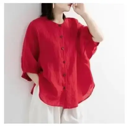 New Hot Sale Of The Season Women's Cotton Linen Shirt Lantern Sleeve Vintage Artistic Loose Mid-Sleeve Women's Bubble Sleeve Cre