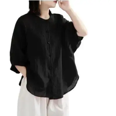 New Hot Sale Of The Season Women's Cotton Linen Shirt Lantern Sleeve Vintage Artistic Loose Mid-Sleeve Women's Bubble Sleeve Cre