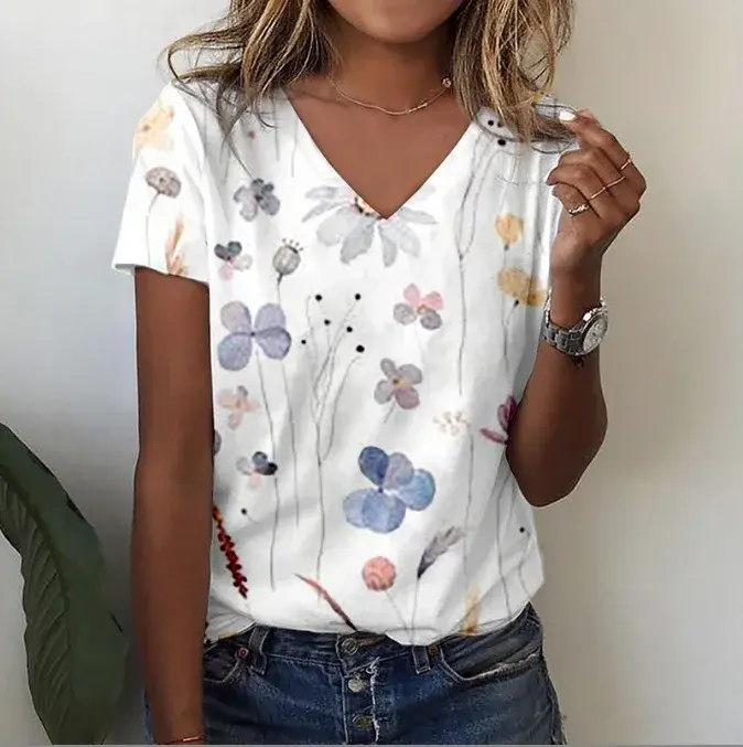 Summer New Style Floral 3D Print Casual V-Neck Women's T-Shirt Short Sleeve Comfortable Polyester Fiber Fashion Top