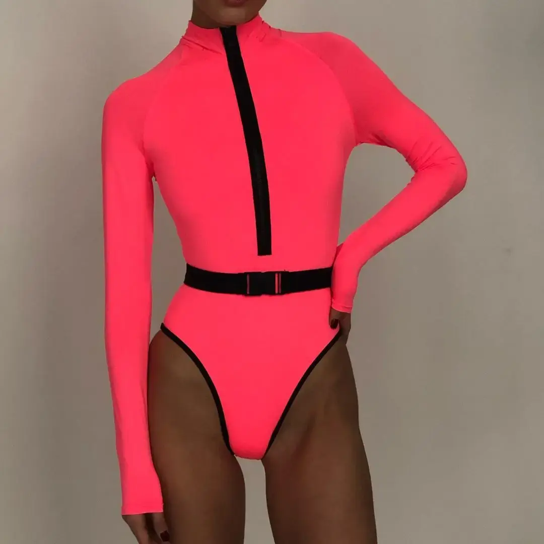 Fluorescent Color One-Piece Bikini Swimwear Ladies Pure Color Cross-Border Sports Fashion Swimming Suit from Mainland China