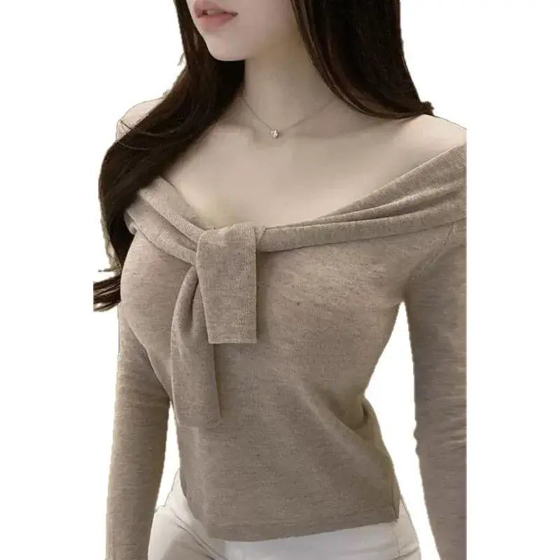 Slim Fit Sexy Women's Knitwear New Arrival from Dongdaemun Korea Design with Clavicle Exposure Belted Neckline Sweater