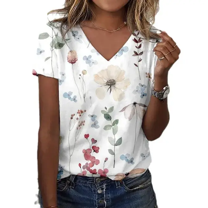 Summer New Style Floral 3D Print Casual V-Neck Women's T-Shirt Short Sleeve Comfortable Polyester Fiber Fashion Top