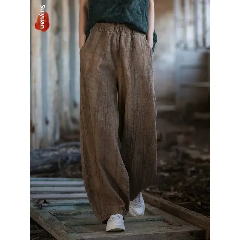 2025 New Women's Cotton Linen Vintage Long Pants Artistic Casual Versatile Travel Lantern Pants Comfortable Fit High Waist