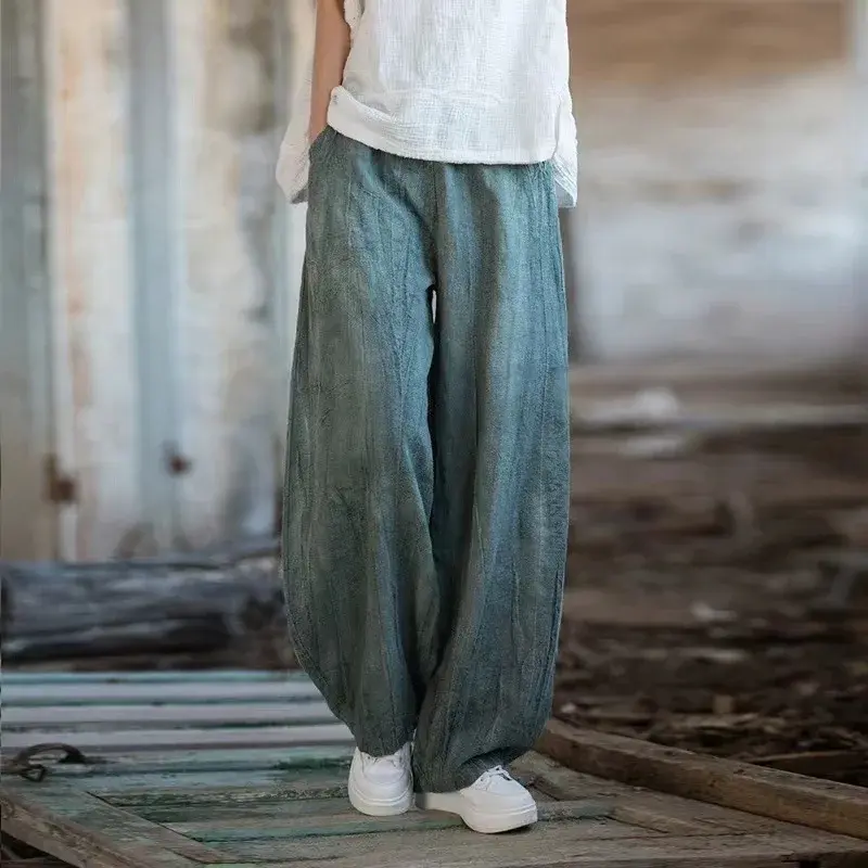 2025 New Women's Cotton Linen Vintage Long Pants Artistic Casual Versatile Travel Lantern Pants Comfortable Fit High Waist