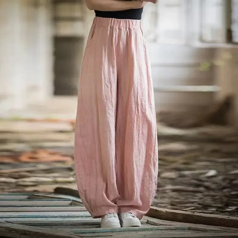 2025 New Women's Cotton Linen Vintage Long Pants Artistic Casual Versatile Travel Lantern Pants Comfortable Fit High Waist
