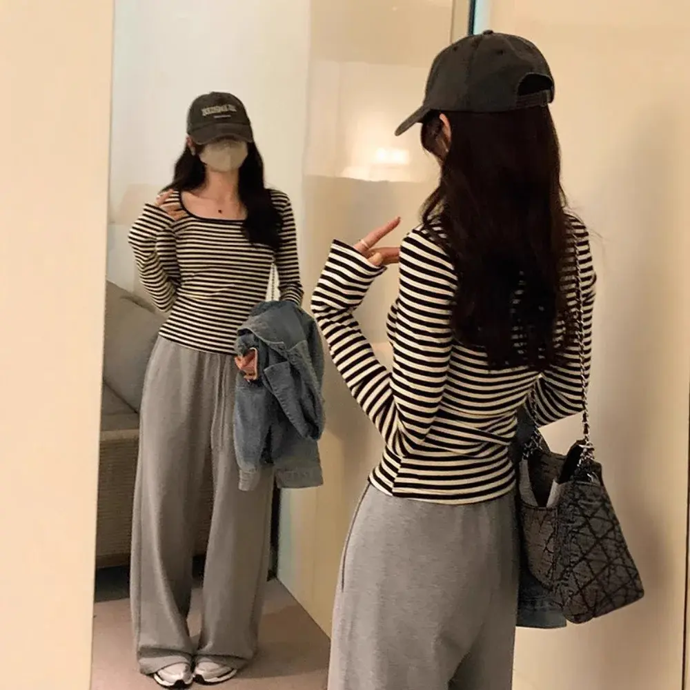 Women's Autumn 2024 New Design Sensibility Nicheslims T-Shirt Long Sleeved Bar Stripe Color Blocking Collar Top Smooths Your Sil