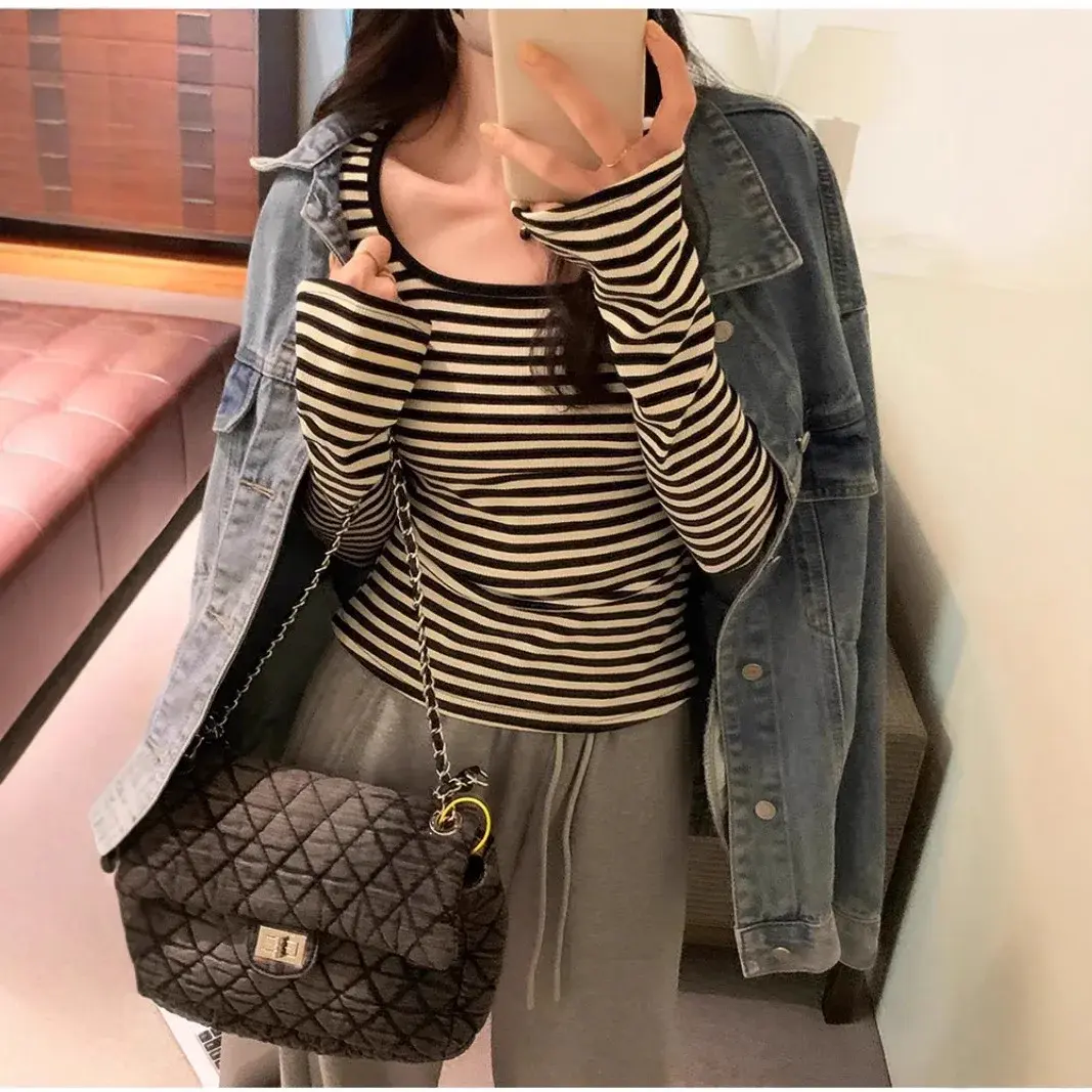 Women's Autumn 2024 New Design Sensibility Nicheslims T-Shirt Long Sleeved Bar Stripe Color Blocking Collar Top Smooths Your Sil