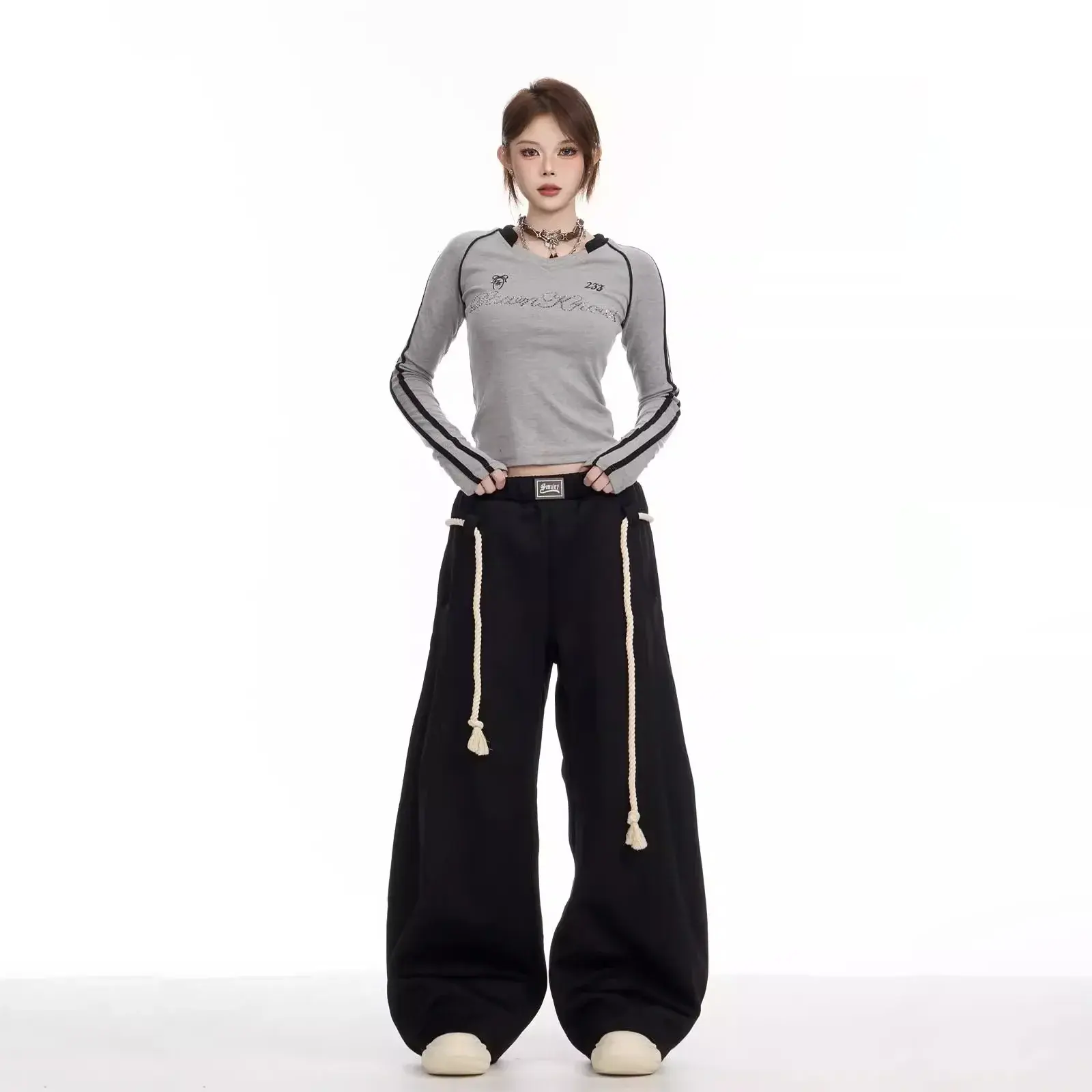 American Style Retro Sports Pants Women's Wide Leg Knife Edge Loose Casual Sweatpants Straight Floor Length Trousers