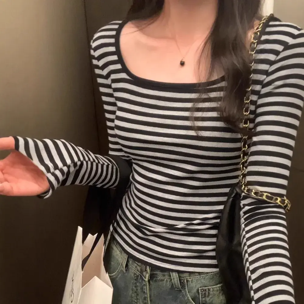 Women's Autumn 2024 New Design Sensibility Nicheslims T-Shirt Long Sleeved Bar Stripe Color Blocking Collar Top Smooths Your Sil