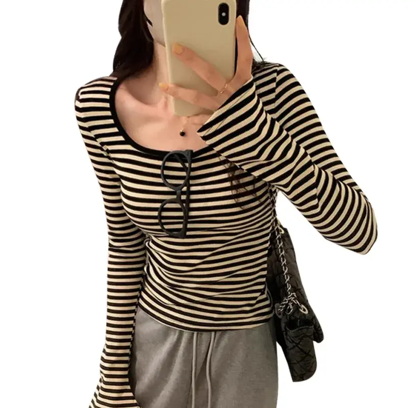 Women's Autumn 2024 New Design Sensibility Nicheslims T-Shirt Long Sleeved Bar Stripe Color Blocking Collar Top Smooths Your Sil