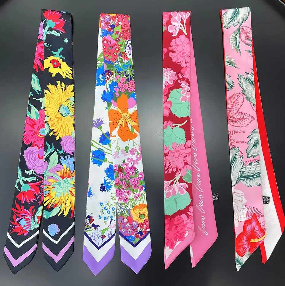 Stylish Women's Silk Scarf Korean Version Small Collar Printing Freshening Decoration Long Strip Fine And Narrow Printing