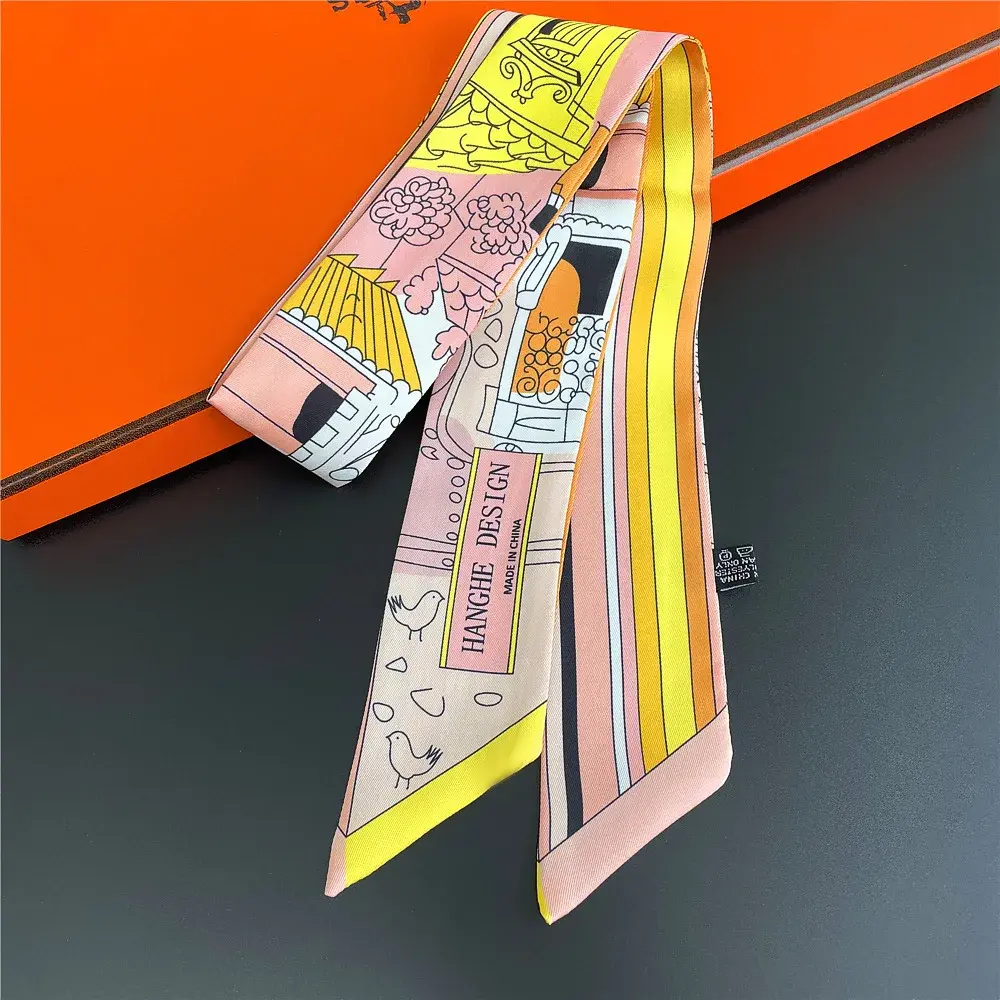Stylish Women's Silk Scarf Korean Version Small Collar Printing Freshening Decoration Long Strip Fine And Narrow Printing
