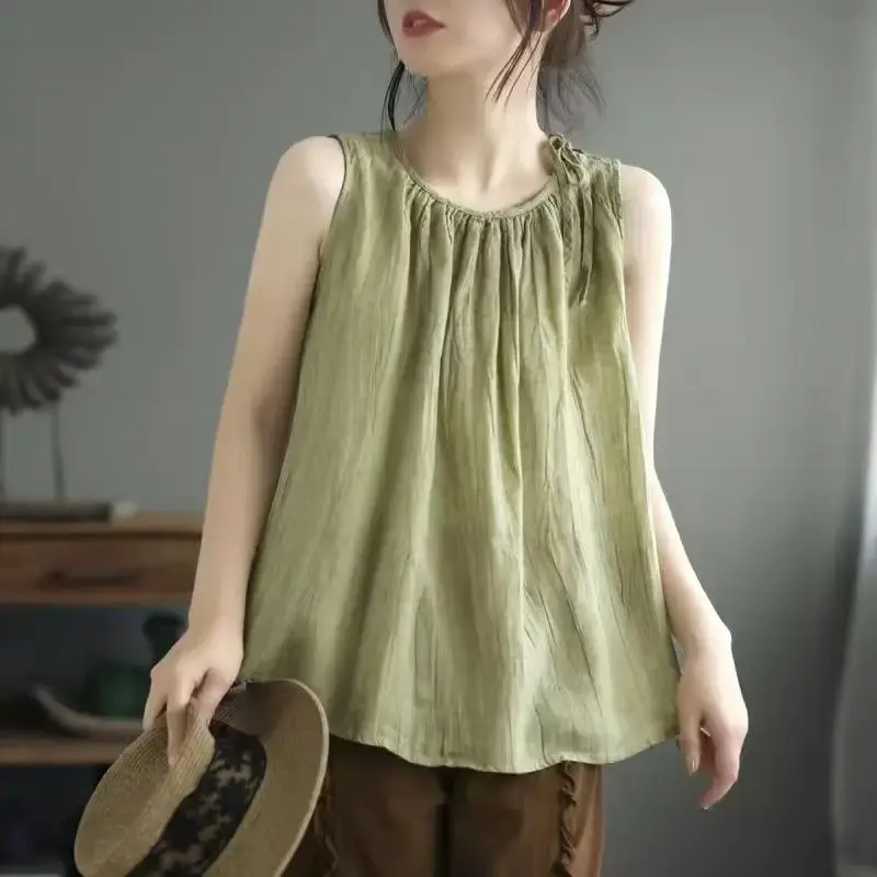 New Vintage Summer Sleeveless Loose Fitting Pullover Thin Slimming Vest for Women Polyester Fiber Casual Fashion Top