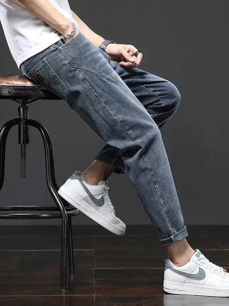 9-point Men Jeans Soft Straight Slim Fit Loose Trendy Casual Long Pants Versatile Summer Pants Cotton Material Korean Style
