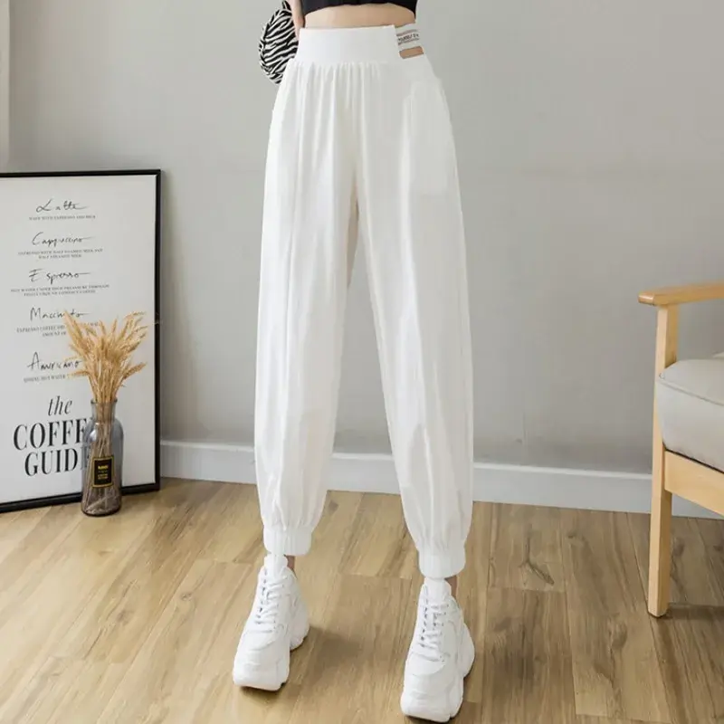 White High Waist Sports Pants Women's Summer Thin New Loose Casual Trousers Slimming Effect Comfortable Fit from Mainland China