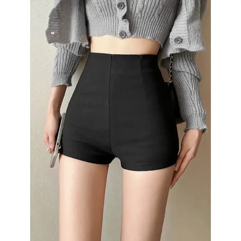 Black High-waisted Elastic Sexy Casual Shorts For Women 2023 Autumn New Style Solid Color Versatile Hip Covering Pants Trendy