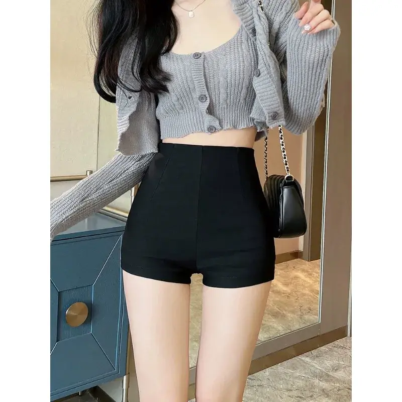 Black High-waisted Elastic Sexy Casual Shorts For Women 2023 Autumn New Style Solid Color Versatile Hip Covering Pants Trendy