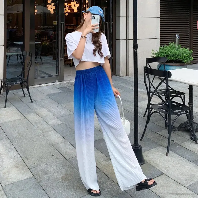 Gradient Dyed Wide Leg Pants High Waist Straight Cut Casual Style Women's Pleated Fashionable Floor Length Trousers