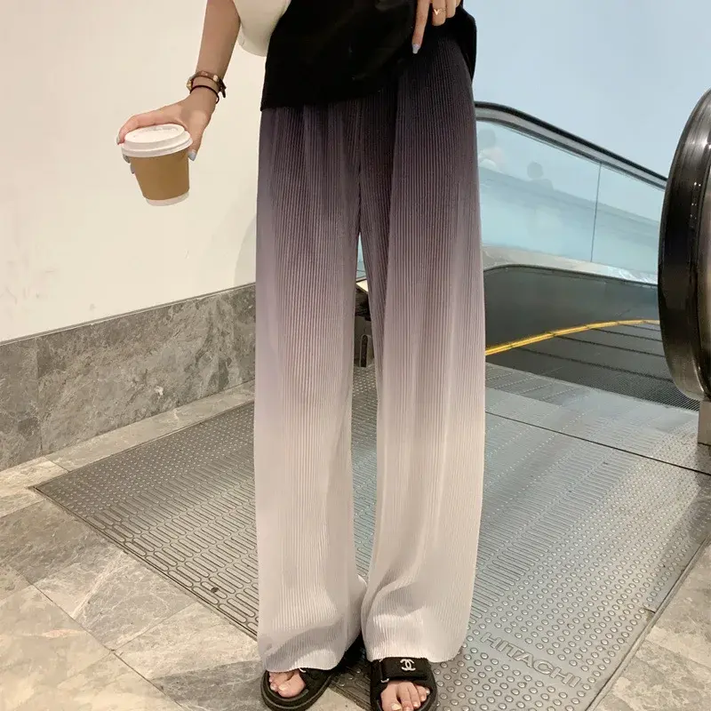 Gradient Dyed Wide Leg Pants High Waist Straight Cut Casual Style Women's Pleated Fashionable Floor Length Trousers