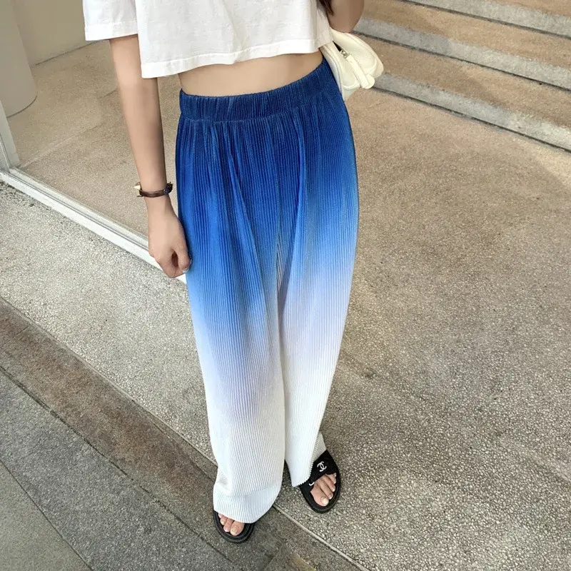 Gradient Dyed Wide Leg Pants High Waist Straight Cut Casual Style Women's Pleated Fashionable Floor Length Trousers