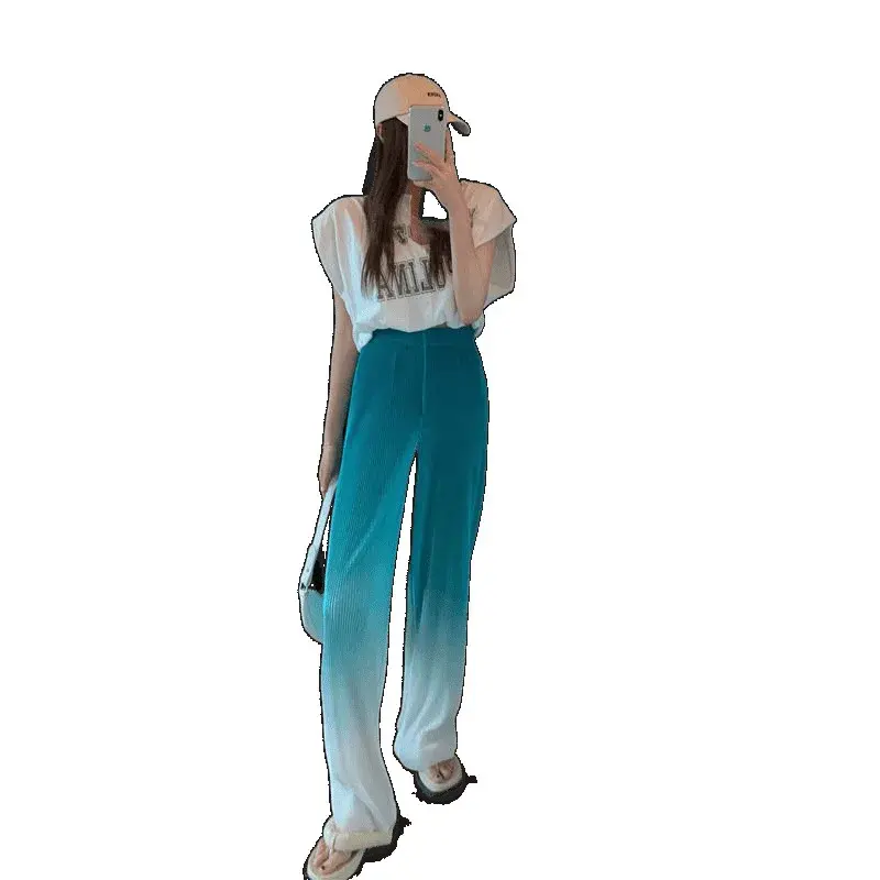 Gradient Dyed Wide Leg Pants High Waist Straight Cut Casual Style Women's Pleated Fashionable Floor Length Trousers