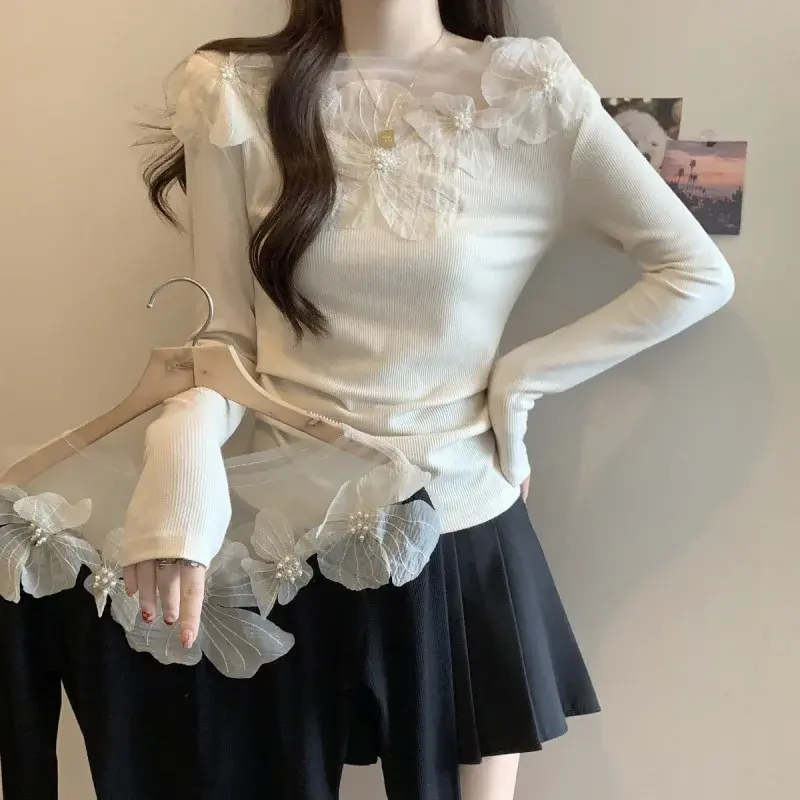 Romantic French Design Edge Lace One Shoulder Long Sleeve Women's Top Elegant Style Autumn Fashion Small Shirt Large Size