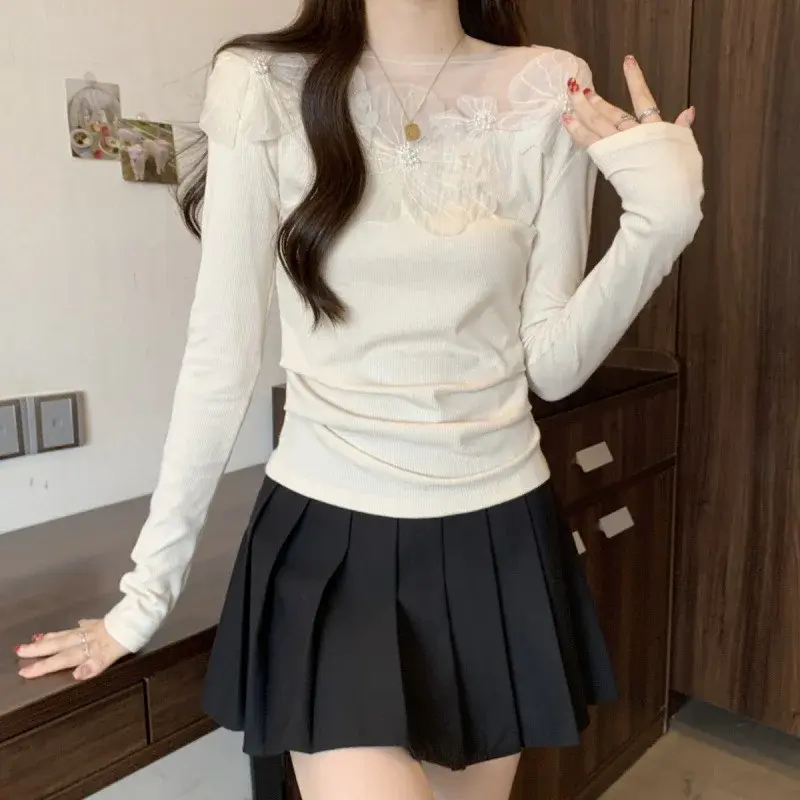 Romantic French Design Edge Lace One Shoulder Long Sleeve Women's Top Elegant Style Autumn Fashion Small Shirt Large Size