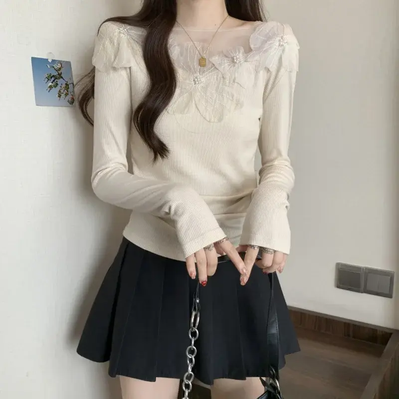 Romantic French Design Edge Lace One Shoulder Long Sleeve Women's Top Elegant Style Autumn Fashion Small Shirt Large Size