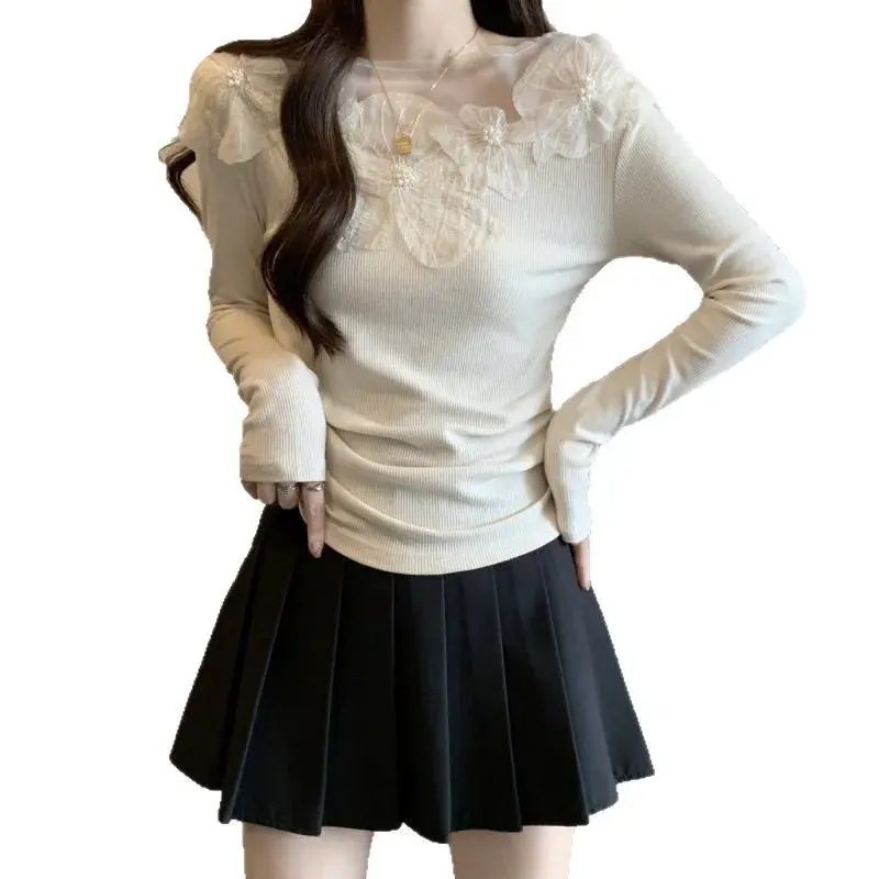 Romantic French Design Edge Lace One Shoulder Long Sleeve Women's Top Elegant Style Autumn Fashion Small Shirt Large Size