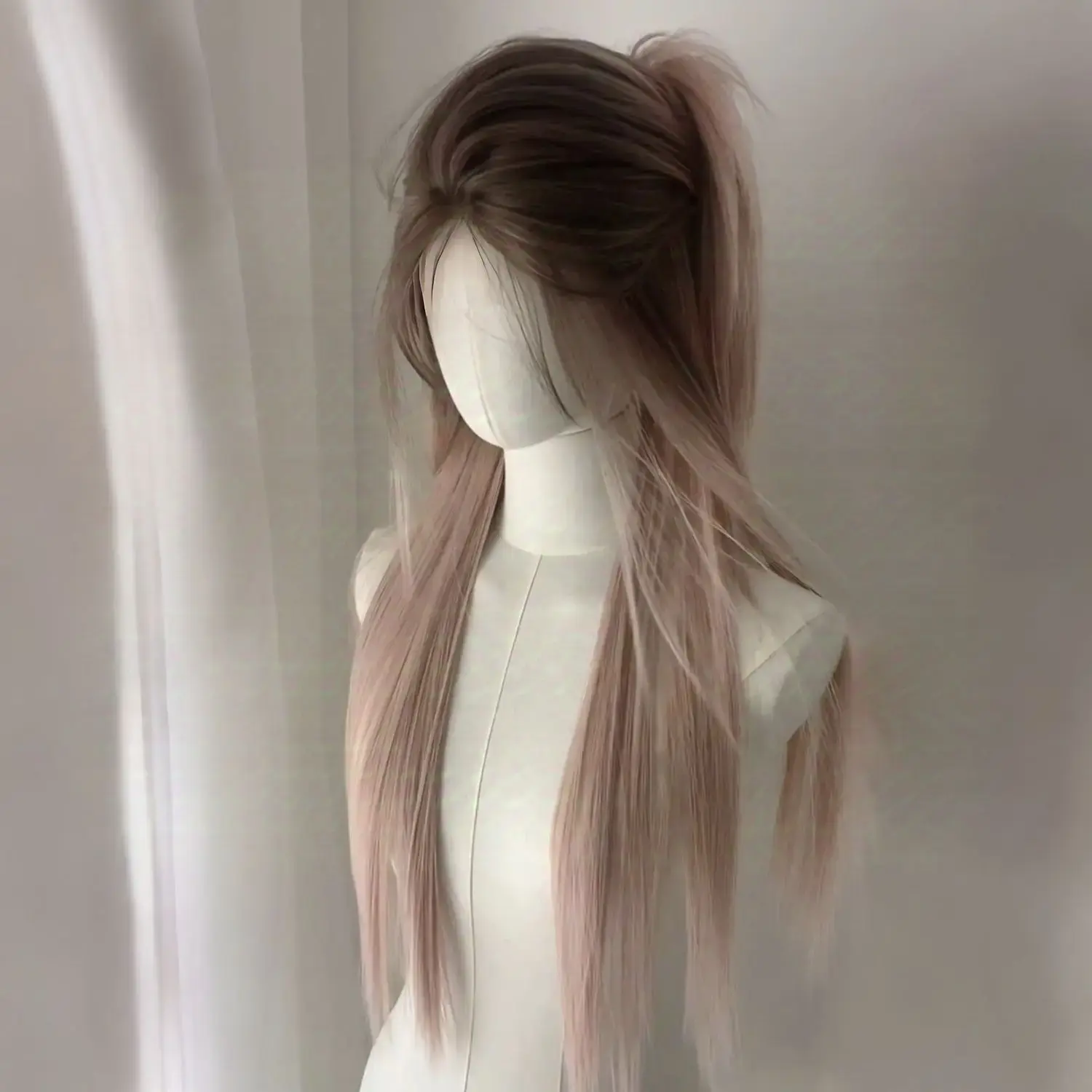 Gradual Pink Brown Long Straight Hair Wig Women's New Style Natural Simulation Full Head Cover Middle Part Fibre Hair Extension