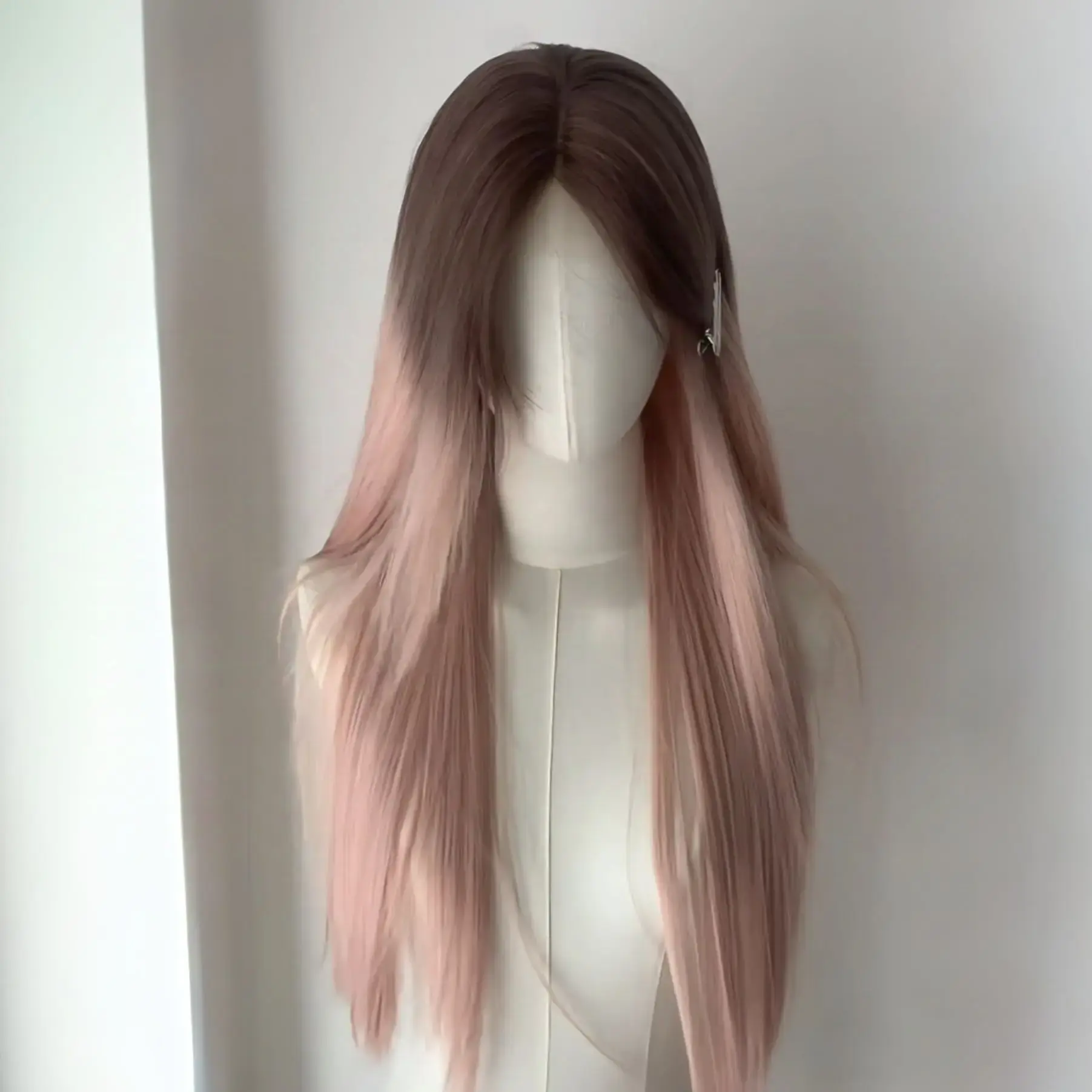 Gradual Pink Brown Long Straight Hair Wig Women's New Style Natural Simulation Full Head Cover Middle Part Fibre Hair Extension